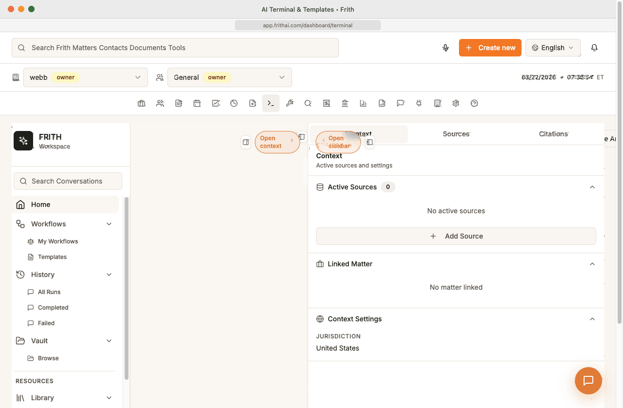FRITH AI Terminal and templates dashboard walkthrough